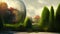 Glass dome in the mystical city. Generative AI technology