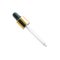 Glass dropper with golden cap from cosmetic bottle, 3D realistic mockup. Glass dropper with black rubber tip and empty pipette for