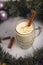Glass of eggnog with a cinnamon stick inside a reef