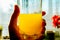 Glass of fizzy vitamins drink in the hand. Illness prevention and health care concept