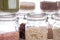 Glass food storage jars. Close-up of ingredients in kitchen cont