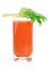 A glass of fresh carrot juice with celery leaves