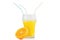 Glass of fresh citrus juice with three straws and orange isolated on white background