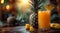 Glass of fresh cold sweet pineapple juice with slices on table and harvest plantation field background.Macro.AI Generative