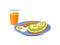 Glass of fresh juice, tasty sandwich, fried egg and sausage on blue plate. Delicious breakfast. Flat vector design
