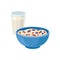 Glass of fresh milk and blue bowl of tasty semolina porridge. Healthy breakfast. Food and drink. Flat vector design