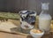 A Glass of Fresh milk grass jelly Dessert herbal gelatin or Jelly black with milk and brown sugar