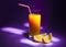 A glass of fresh orange juice with a straw and slices of orange. Violet background and darkening around the edges