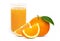 Glass of fresh orange juice with whole and slice of tangerine or mandarin orange fruit on white