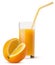 Glass of fresh orange juice with a yellow striped straw and oran