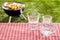 Glass of fresh water with a jug on a picnic table