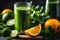 Glass of freshly squeezed green smoothie surrounded by detox ingredients