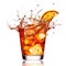 Glass of fruit tea with a splash on a plain white backg - product photography