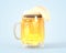 Glass full of beer with bubbles and white foam 3d render. Realistic of clear mug with gold frothy drink, mockup of