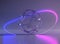 Glass futuristic sphere with neon circle frame in smoke 3d render. Round glow wave line, blue pink curved ring with
