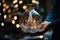 glass gifts and decorations in hands, winter forest, decorated for Christmas or New Year\\\'s holiday, garlands, a fairy-tale