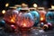 glass gifts and decorations on a wooden table, decorated for Christmas or New Year\\\'s holiday, garlands, a fairy-tale