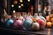 glass gifts and decorations on a wooden table, decorated for Christmas or New Year\\\'s holiday, garlands, a fairy-tale