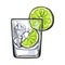 Glass of gin, vodka, soda water with ice and lime