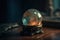 a glass globe sitting on top of a wooden table next to a keyboard