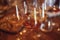 Glass goblets placed in rows on table during wine tasting procedure in restaurant