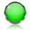 Glass green button. Round 3d button with metal frame. With reflection on white background