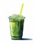 Glass of green juice is sitting on table, with straw in it. The drink appears to be very fresh and inviting, as