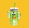 Glass green transparent bottle with a metal cap and a straw. in the form of a cactus and a cute muzzle on a yellow background. Sum