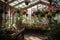 glass greenhouse, with blooming orchids and hanging baskets