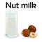 glass of hazelnut milk with nuts. Vegan alternative organic filbert milk splash pour in glass. Non dairy drink. Healthy