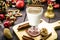 Glass of hot eggnog, Christmas drink, based on eggs, cinnamon, almonds and rum liqueur. called eggnog, milk and pisco, coquito or