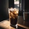 Glass of iced black coffee on wooden counter in sun, created using generative ai technology