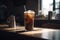 Glass of iced black coffee on wooden counter in sun, created using generative ai technology