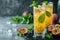 Glass of Iced passion fruit soda with lemon and passion fruit half slice on a light background, refreshing drink or beverage with