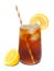 Glass of iced tea with lemons and straw over white
