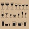 Glass icon set. Stemware for a different drinks.  Beer glass, Wine glass and Cups isolated icons collection. Vector illustration.