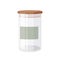 Glass jar with airtight seal wood lid and blank label. Kitchen eco friendly stuff.