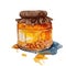 Glass jar with amber colored honey, watercolor illustration,