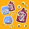 Glass jar and aquarium with eyeballs stickers set. yellow background