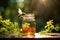 From glass jar, bee soars into leafy scene, lens flare enhances ethereal ambiance