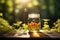 From glass jar, bee soars into leafy scene, lens flare enhances ethereal ambiance