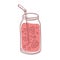 Glass jar of berry smoothie. Refreshing summer strawberry cocktail with straw. Cold detox drink with natural ingredients