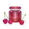 Glass jar with Cherry jam on light background, Label for jam. Mockup for your brand realistic vector EPS 10 illustration