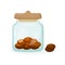 Glass jar with choclate cookies inside. Crockery for sweets. Vector illustration in cartoon style.