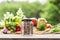 Glass jar filled with seasoning, bunch of fresh vegetables on background, blured