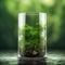 Glass jar filled with stones, green foliage, and grass, AI-generated.