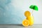 Glass jar with fresh orange juice, decorative palm and oranges on grey table against color background, space for text