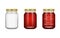 Glass jar with jam and configure with blackberry and raspberry. Vector illustration. Packaging collection. Label for jam