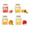 Glass jar with jam and fruit segment and whole orange, pieces of red apple in flat style a vector.