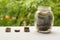 Glass jar with money and stack of coins against background of greenery